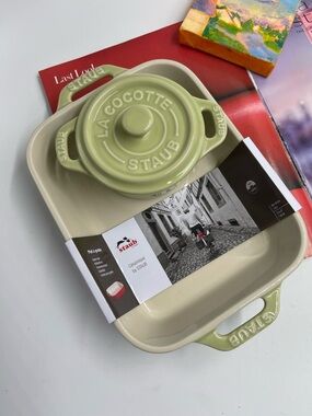 Staub Rectangular & Mini Round Baking Dish Set, light green